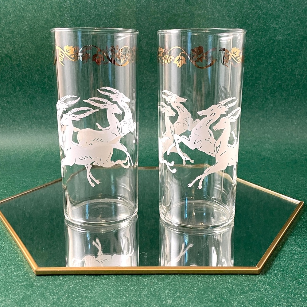 VINTAGE MCM Leaping Gazelle Highball Glasses (Set of 2) White & Gold Trim